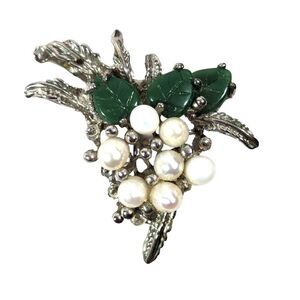 Silver Pin Brooch Grapevine Cluster Faux Pearls Green Leaves Vintage 1960's